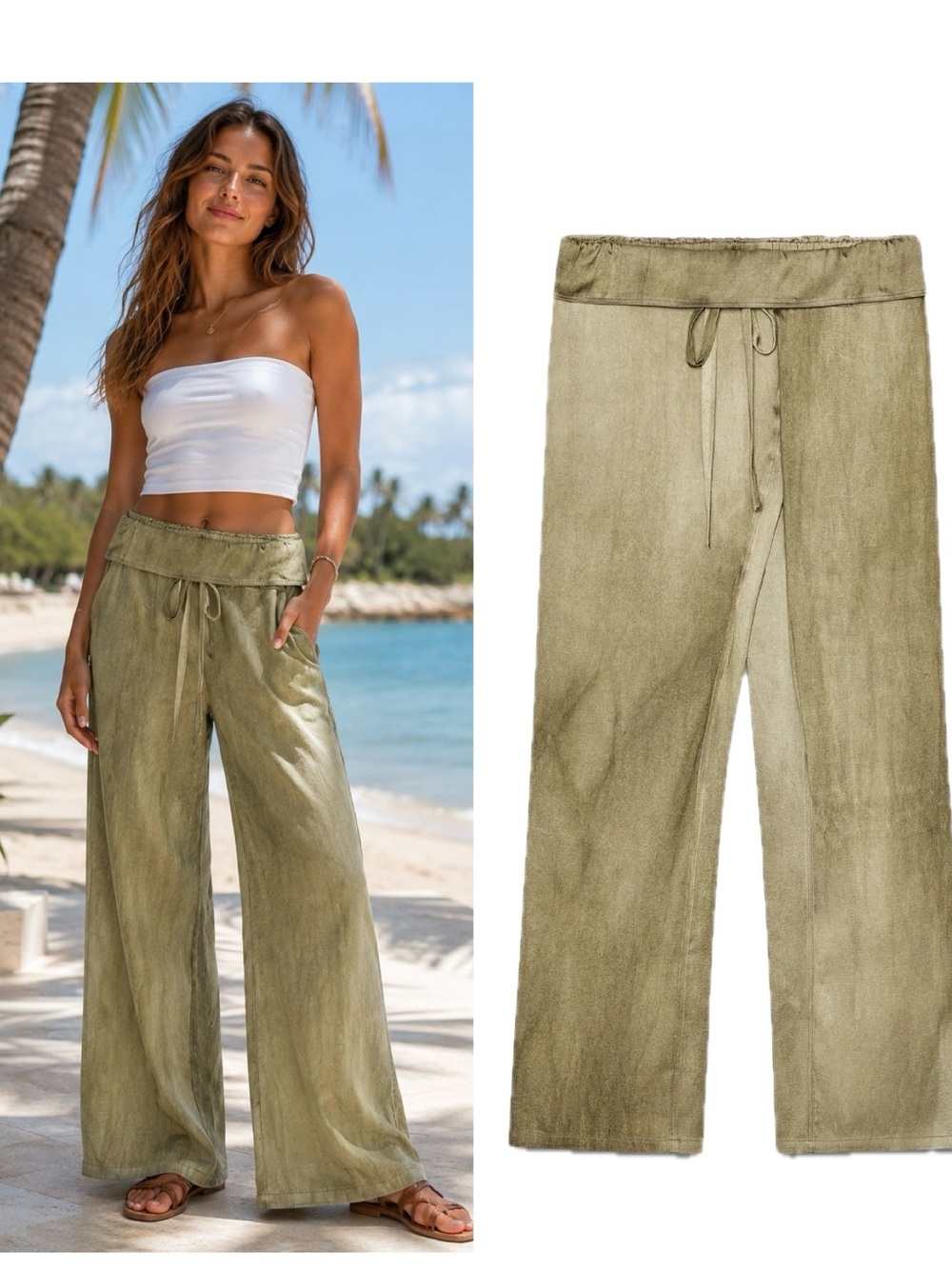 ZARA Olive Green Wide Leg Foldover Waist Resort boho palazzo Pants Sz M NWOT